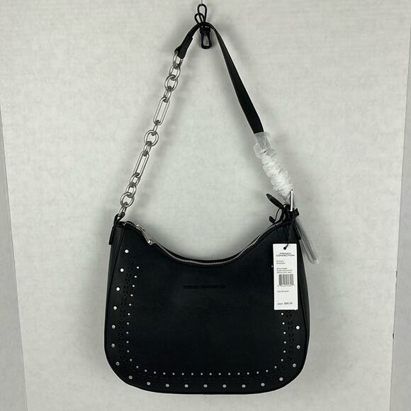 French Connection Elena Moon Shape Shoulder Bag Black Studs Silvertone Zip Close - Picture 2 of 11